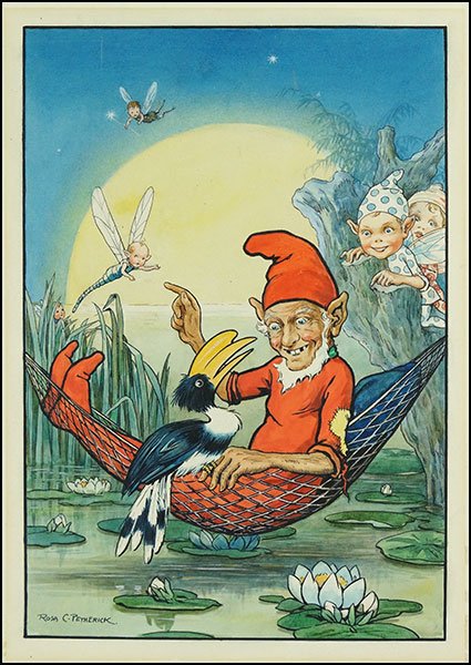 ROSA CATHERINE PETHERICK (1871-1931) THE ELF AND BIRD.: ROSA CATHERINE PETHERICK (1871-1931) THE ELF AND BIRD. Ink and watercolor on board. Signed LL. Unframed, mounted in mat board Board: 15" x 11.5"