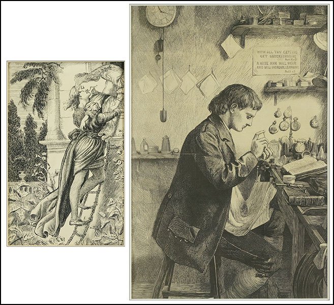 19TH CENTURY ILLUSTRATION OF ROMEO AND JULIET.: 19TH CENTURY ILLUSTRATION OF ROMEO AND JULIET. Act III Scene V. Ink on paper. Unsigned. Together with a wood block print depicting a watchmaker Sheet: 8" x 5"