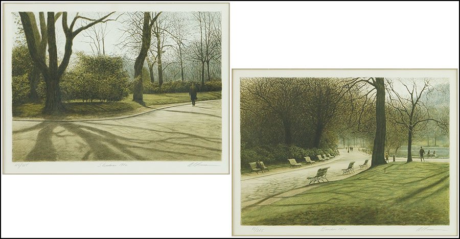 HAROLD ALTMAN (AMERICAN, 1924-2003) TWO WORKS.: HAROLD ALTMAN (AMERICAN, 1924-2003) TWO WORKS. Comprised of "Shadows" edition 43/285 and "Benches" edition 81/285. Both lithographs, both pencil signed LR, both bearing a 'Merrill Chase Gallery' label