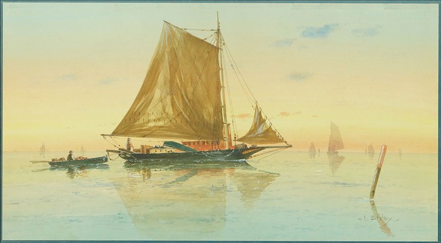 CLARENCE E. BRALEY (AMERICAN, 1854-1927) SAILBOATS AT: CLARENCE E. BRALEY (AMERICAN, 1854-1927) SAILBOATS AT SUNSET. Watercolor on on board. Signed LR Frame: 20" x 33"