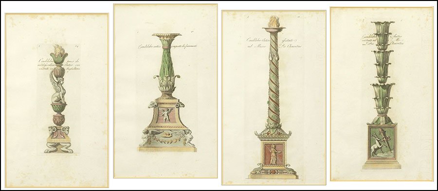 CARLO ANTONINI (ITALIAN, 1740-1821) SUITE OF FOUR: CARLO ANTONINI (ITALIAN, 1740-1821) SUITE OF FOUR CANDELABRA ENGRAVINGS. Sight: 12" x 7.25"
