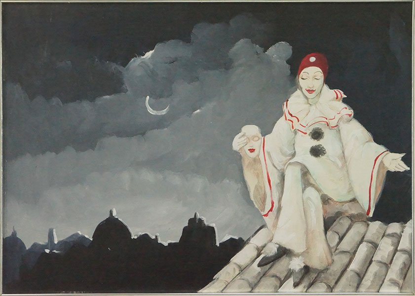 MARIO RUSSO (1925-2000) THE ROOF TOP CLOWN.: MARIO RUSSO (1925-2000) THE ROOF TOP CLOWN. Oil on canvas on board. Signed "Russo" LR Sight: 14" x 19"