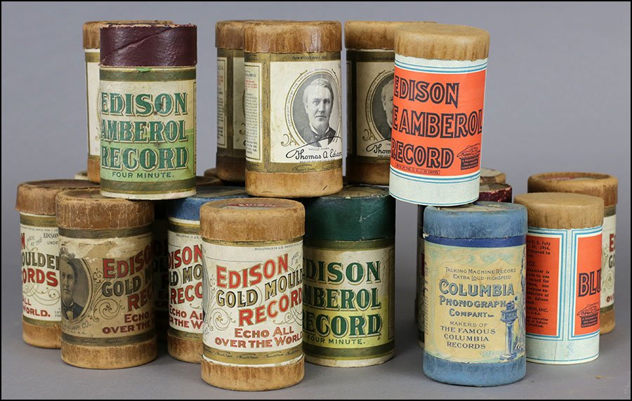 COLLECTION OF OVER 150 CYLINDER PHONOGRAPH RECORDS.: COLLECTION OF OVER 150 CYLINDER PHONOGRAPH RECORDS. Including over one hundred gold moulded records, over forty blue, five green and five violet