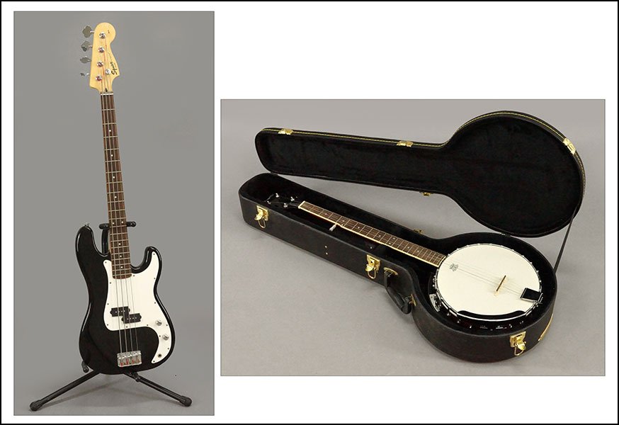 A DANVILLE FIVE-STRING BANJO.: A DANVILLE FIVE-STRING BANJO. Together with a Fender Squier bass guitar with stand