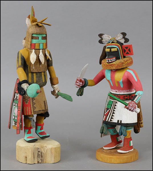 TWO KACHINA DOLL FIGURES.: TWO KACHINA DOLL FIGURES. One Roxie Pela 'Anqak China' Long Hair figure and one L.Yowytewa 'Hemsona' Men's Hair Knot figure. Both are signed and titled on the undersides Taller: 13"