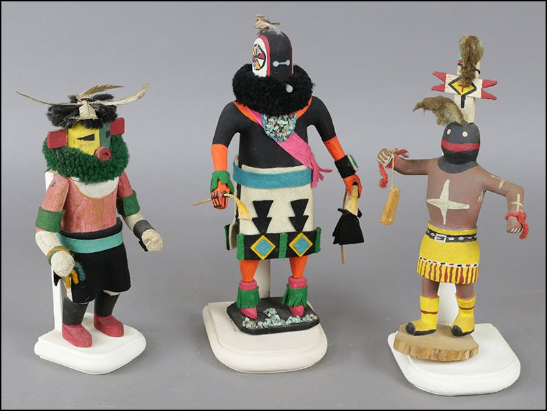 THREE KACHINA DOLL FIGURES.: THREE KACHINA DOLL FIGURES. One 'Cross Totem' figure and two others Tallest: 10.5"