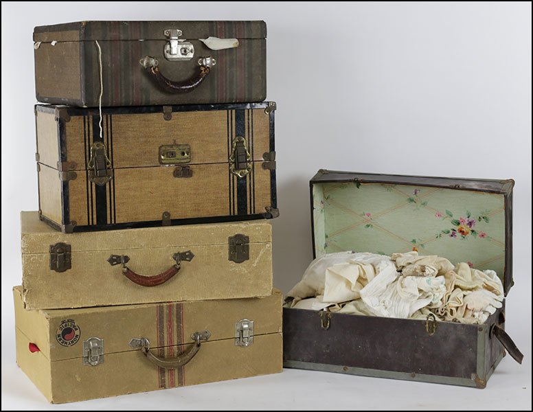 A COLLECTION OF VINTAGE DOLL CLOTHING.: A COLLECTION OF VINTAGE DOLL CLOTHING. Contained in five suitcases. Clothing is various sizes. Provenance: Kellar and Kellar Antiques, Oak Park