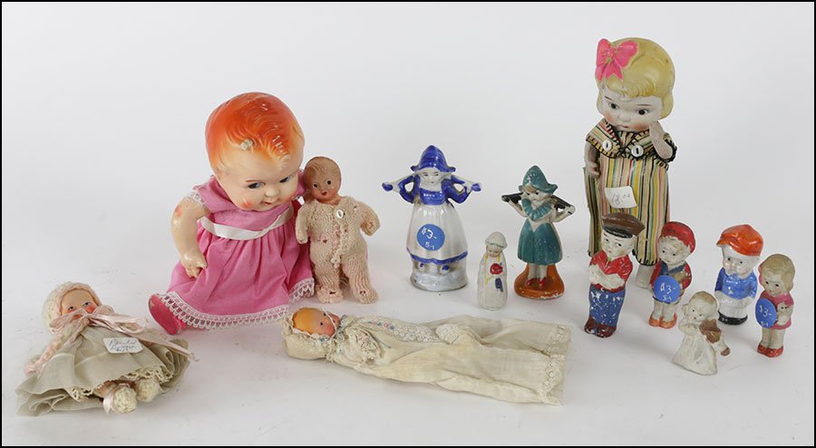 COLLECTION OF VINTAGE BISQUE PAINTED SMALL DOLLS.: COLLECTION OF VINTAGE BISQUE PAINTED SMALL DOLLS. Provenance: Kellar and Kellar Antiques, Oak Park