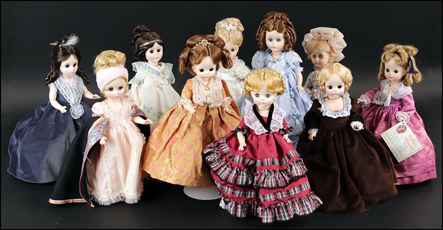 A COLLECTION OF MADAME ALEXANDER FIRST LADY DOLLS.: A COLLECTION OF MADAME ALEXANDER FIRST LADY DOLLS. Comprised of Martha Washington, Abigail Adams, Martha Randolph, Elizabeth Monroe, Sarah Poole, Betty Taylor Bliss, Jane Findley, Angelica Van Buren, 