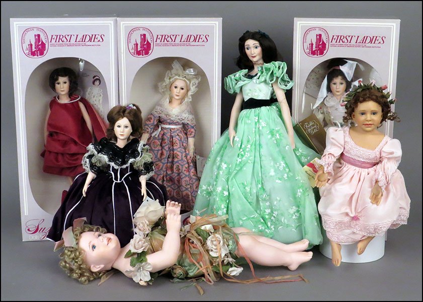 A COLLECTION OF CONTEMPORARY DOLLS.: A COLLECTION OF CONTEMPORARY DOLLS. In their original boxes. Comprised of four Suzanne Gibson dolls, an Elite doll, and a Franklin Heirloom doll. Together with doll figure of a wood nymph