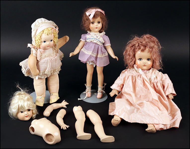 A MADAME ALEXANDER 'LITTLE GENIUS' COMPOSITION BABY: A MADAME ALEXANDER 'LITTLE GENIUS' COMPOSITION BABY DOLL. Bearing sleepy eyes and a closed mouth. Together with a R&B composition baby doll, a cloth painted face doll, and an Ideal hard plasic doll in