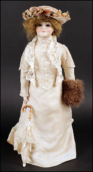 KESTNER GIBSON GIRL BISQUE DOLL.: KESTNER GIBSON GIRL BISQUE DOLL. Bearing a leather body, sleepy eyes, composition hands, original clothes and shoes H: 21"