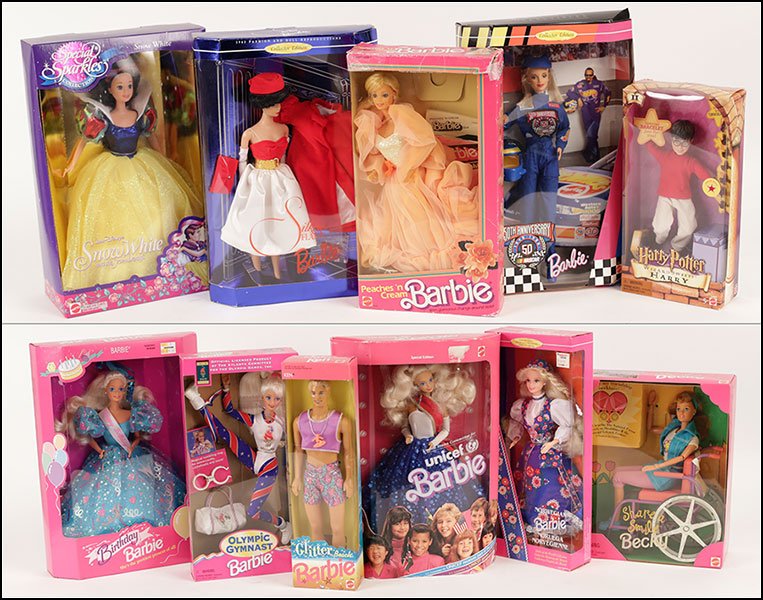 A COLLECTION OF MATTEL DOLLS.: A COLLECTION OF MATTEL DOLLS. Comprised of ten Barbies (including Birthday Barbie, Norwegian Barbie, Olympic Gymnast Barbie, Peaches n' Cream Barbie, and others), a Harry Potter doll, and a Ken. In th
