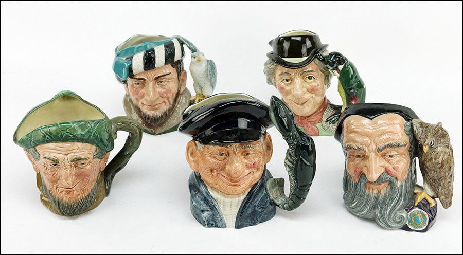 FIVE ROYAL DOUTLON TOBY JUGS.: FIVE ROYAL DOUTLON TOBY JUGS. The Falconer D6533, Merlin D6529, The Walrus & Carpenter D6600, Lobter Man, D6617, and Auld Mac Lobster Man height: 8"