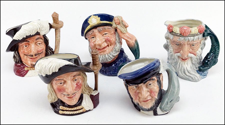 FIVE ROYAL DOULTON TOBY JUGS.: FIVE ROYAL DOULTON TOBY JUGS. Comprising Old Salt D6651, Capt Ahab D6500, Neptune D6548, Porthos D 6440, and Aramis D6441 Aramis Height: 7.5"