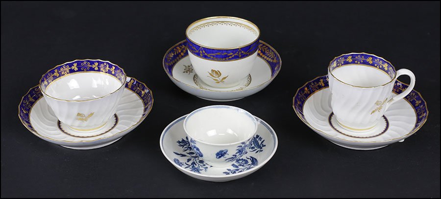 COLLECTION OF ROYAL WORCESTER TABLE ARTICLES.: COLLECTION OF ROYAL WORCESTER TABLE ARTICLES. Comprised of three teabowls and saucers, and a teacup and saucer. All marked with a cresent moon below Largest diameter bowl: 3"