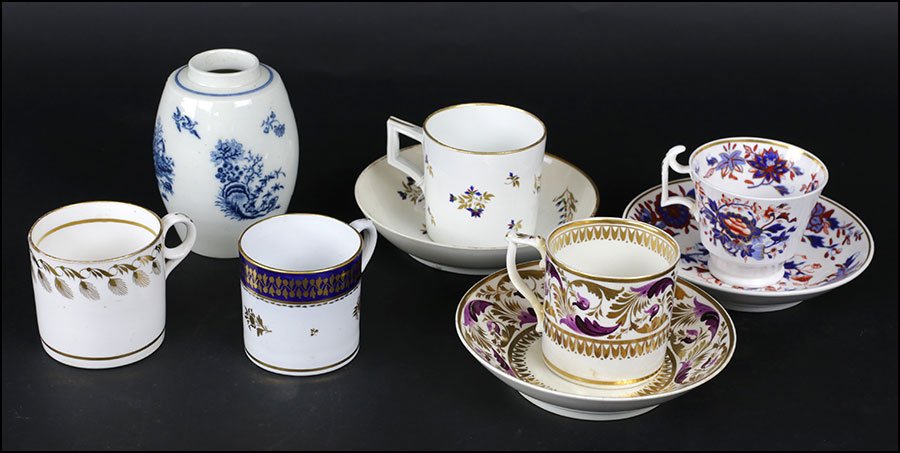 TWO 18TH CENTURY ROYAL CROWN DERBY TEACUPS AND SAUCERS.: TWO 18TH CENTURY ROYAL CROWN DERBY TEACUPS AND SAUCERS. Together with a Minton demitasse cup, an unmarked demitasse cup, a Copeland Spode teacup and saucer, and a 18th Century Caughley tea caddy