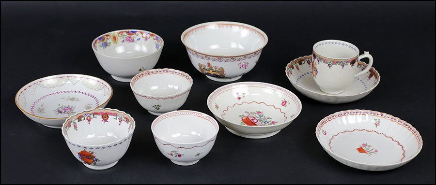 COLLECTION OF CHINESE EXPORT PORCELAIN TABLE ARTICLES.: COLLECTION OF CHINESE EXPORT PORCELAIN TABLE ARTICLES. Comprised of three teabowls and saucers, two bowls, a teacup, and a dish