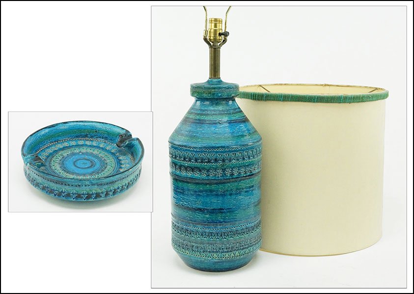 A RAYMOR GLAZED CERAMIC TABLE LAMP.: A RAYMOR GLAZED CERAMIC TABLE LAMP. Together with a Raymor glazed ceramic ashtray Lamp height: 17"