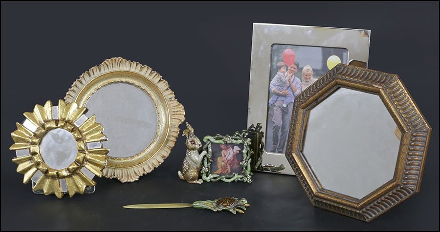 A JAY STRONGWATER ENAMEL AND RHINESTONE BUNNY FRAME.: A JAY STRONGWATER ENAMEL AND RHINESTONE BUNNY FRAME. Together with a silverplate picture frame, an enamel letter opener, and three small giltwood mirrors Strongwater frame: 3.5" x 4.25"