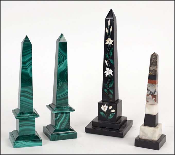 A PAIR OF NAT SHERMAN ITALIAN MALACHITE OBELISKS.: A PAIR OF NAT SHERMAN ITALIAN MALACHITE OBELISKS. Together with a malachite inlaid obelisk, and a stone obelisk Malachite height: 8.25"