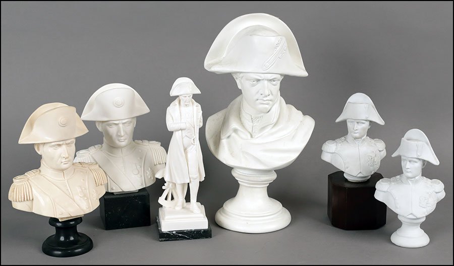 TWO PARIAN PORCELAIN BUSTS OF NAPOLEON.: TWO PARIAN PORCELAIN BUSTS OF NAPOLEON. One is raised on a wood base. Together with four resin busts of Napoleon Parian bust without base: 7.5"