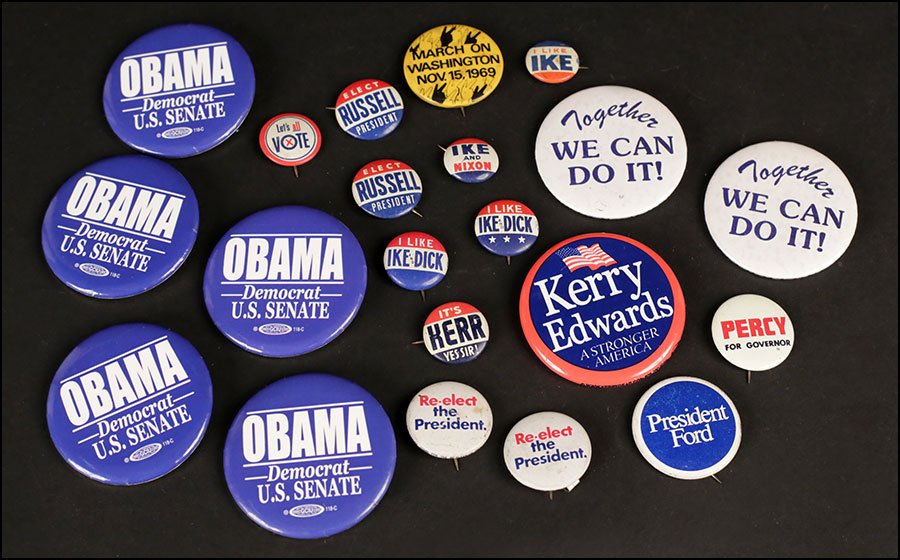 A GROUP OF POLITICAL BUTTONS.: A GROUP OF POLITICAL BUTTONS. Comprising "I Like Ike", "Ike and Nixon", "It's Kerr yes sir", "Elect Russell president", Obama, and others