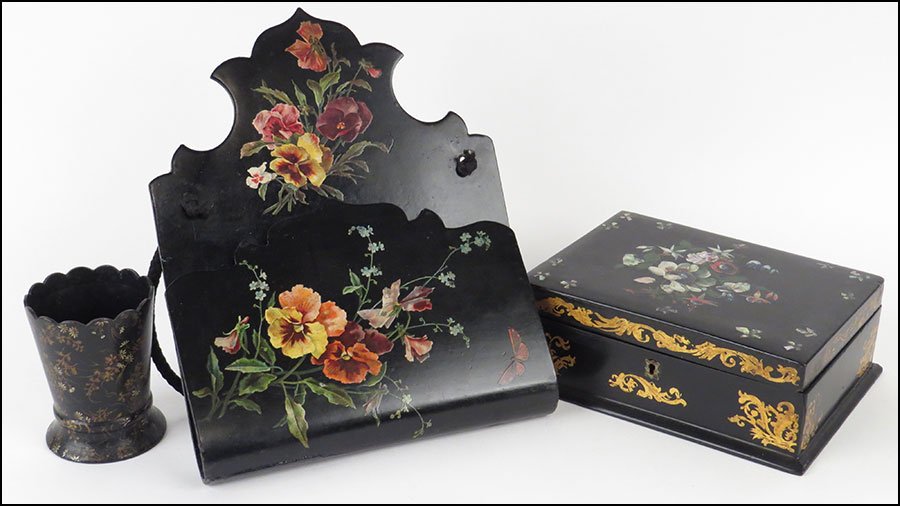 COLLECTION OF VICTORIAN LACQUER DECORATED DESK ITEMS.: COLLECTION OF VICTORIAN LACQUER DECORATED DESK ITEMS. Comprised of a mother of pearl inlay box, a papier mache cup, and a papier mache letter holder Box - H: 3" x W: 8.5" x D: 6.5"