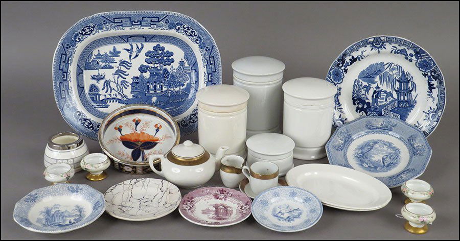 COLLECTION OF 19TH CENTURY ENGLISH TRANSFERWARE.: COLLECTION OF 19TH CENTURY ENGLISH TRANSFERWARE. Includes a Wedgwood Blue Willow platter, a mulberry cup plate, a davenport cup plate, and other various transferware. Together with a doll teaset for f
