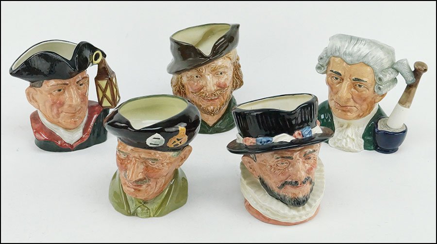 FIVE ROYAL DOULTON TOBY JUGS.: FIVE ROYAL DOULTON TOBY JUGS. Beefeater D6206, Monty D6202, Night Watchman D6569, Robin Hood, RaNo 847681, andApothecary D6567 Night Watchman: 6.5"
