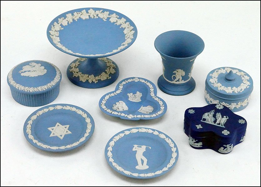 COLLECTION OF WEDGWOOD JASPERWARE.: COLLECTION OF WEDGWOOD JASPERWARE. Comprising boxes, dishes, a compote, and vase Compote: 3.5" x 6"