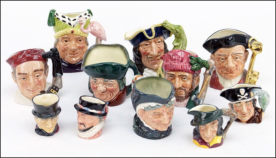 GROUP OF ELEVEN ROYAL DOULTON CHARACTER JUGS.: GROUP OF ELEVEN ROYAL DOULTON CHARACTER JUGS. Comprising Gaoler, Ugly Duchess, Bootmaker, Captain Hook, The Lumberjack, Toby Philpots, Granny, Beefeater, Longjohn Silver, Pied Piper, and John Peel Ugl