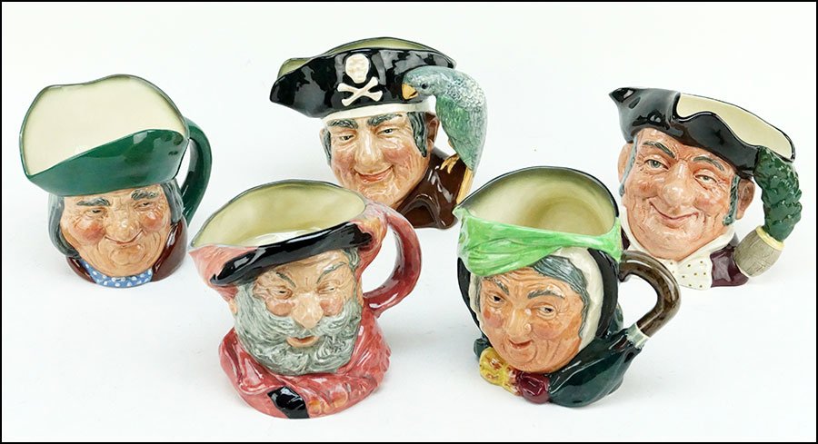 FIVE ROYAL DOULTON TOBY JUGS.: FIVE ROYAL DOULTON TOBY JUGS. Comprising Mine Host D6468, Long John Silver D6335, Toby Philpots, Falstaff, and Sairey Gamp Philpots: 6"