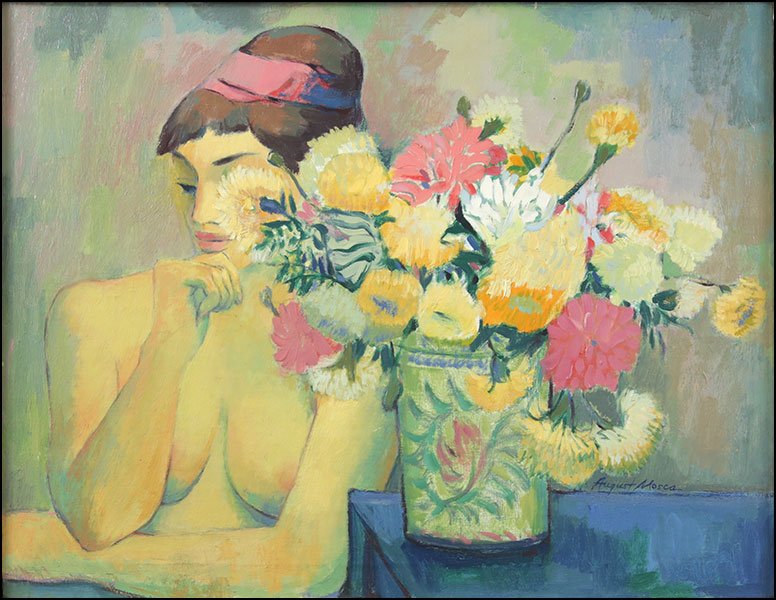 AUGUST MOSCA (ITALIAN, 1909-2002) CHRYSANTHEMUMS.: AUGUST MOSCA (ITALIAN, 1909-2002) CHRYSANTHEMUMS. Oil on canvas, signed LR, bearing a Frank H. Boos Gallery label en verso Sight: 23" x 30" Frame: 27" x 34"