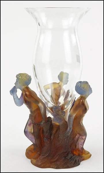 DAUM PATE DE VERRE VASE.: DAUM PATE DE VERRE VASE. Titled "Mythologie". Depicting a satyr and two nymph figures. Signed below Height: 9.75"