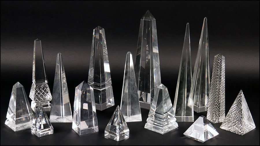 A PAIR OF ARCHIMEDE SEGUSO CRYSTAL OBELISKS.: A PAIR OF ARCHIMEDE SEGUSO CRYSTAL OBELISKS. Together with thirteen other crystal obelisks Pair height: 11"