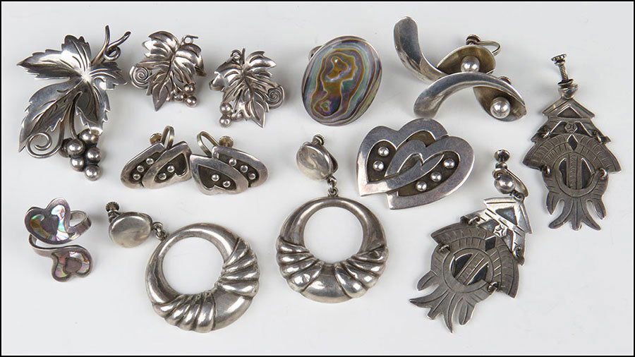 TWO STERLING SILVER DEMI-PARURES.: TWO STERLING SILVER DEMI-PARURES. Each comprising a brooch and pair of screwback earrings. Together with three pairs of sterling silver earrings, and two sterling silver and abalone rings