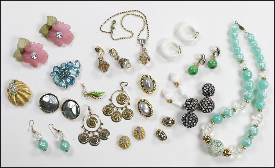 AN AURORA BOREALIS RHINESTONE DEMI-PARURE.: AN AURORA BOREALIS RHINESTONE DEMI-PARURE. Comprising a necklace and pair of earclips. Together with a BSK goldtone demi-parure, two pairs of Trifari earclips, a pair of Kenneth Lane goldtone earclips