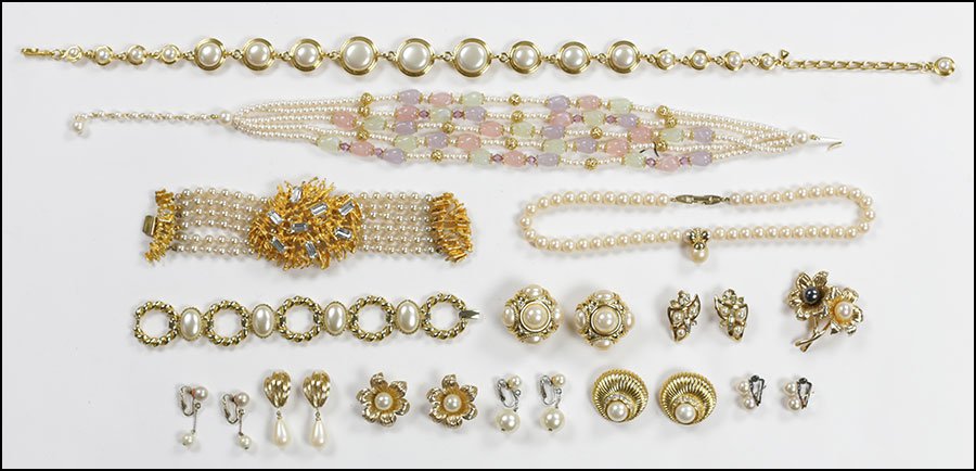 A BLACK AND WHITE FAUX PEARL AND GOLDTONE DEMI-PARURE.: A BLACK AND WHITE FAUX PEARL AND GOLDTONE DEMI-PARURE. Comprising a brooch and pair of earclips. Together with a pair of sterling silver and faux pearl earclips, two pairs of Givenchy faux pearl earcl