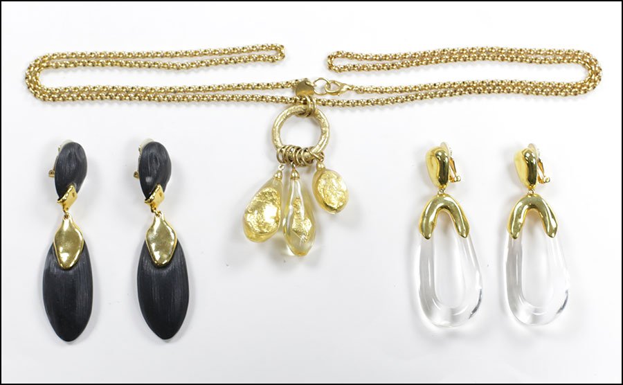 A PAIR OF ALEXIS BITTAR BLACK EARCLIPS.: A PAIR OF ALEXIS BITTAR BLACK EARCLIPS. Together with a pair of lucite and gold tone earclips, and an Anne Klein Couture necklace. Provenance: From the Estate of Frances R. Dittmer