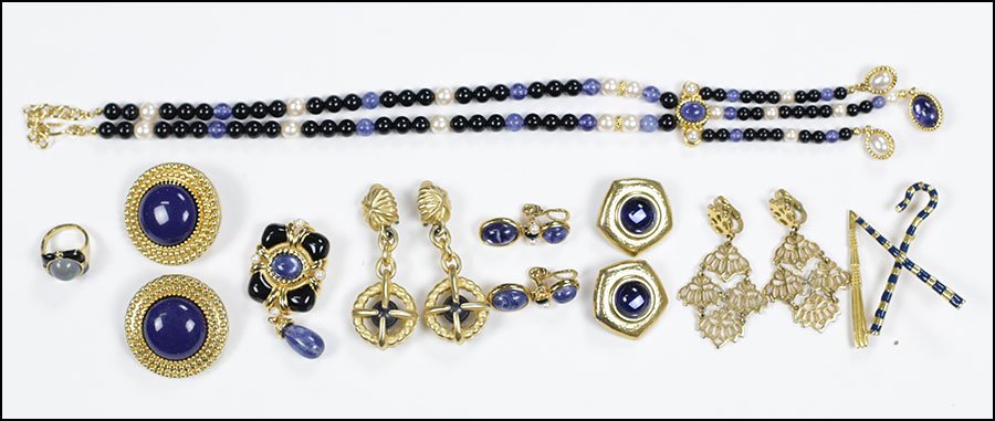 A MONET BLUE GLASS BEAD PARURE.: A MONET BLUE GLASS BEAD PARURE. Comprising a necklace, brooch, and pair of earclips. Together with an assortment of goldtone jewelry including a pair of Monet earlclips, a pair of Givenchy earclips, a
