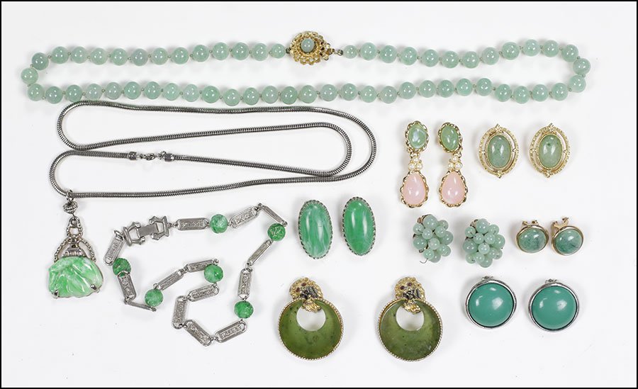 AN ALICE CAVINESS GREEN GLASS BEAD DEMI-PARURE.: AN ALICE CAVINESS GREEN GLASS BEAD DEMI-PARURE. Comprising a necklace and pair of earclips. Together with an assortment of necklaces and earclips, including one pair of Swoboda earclips