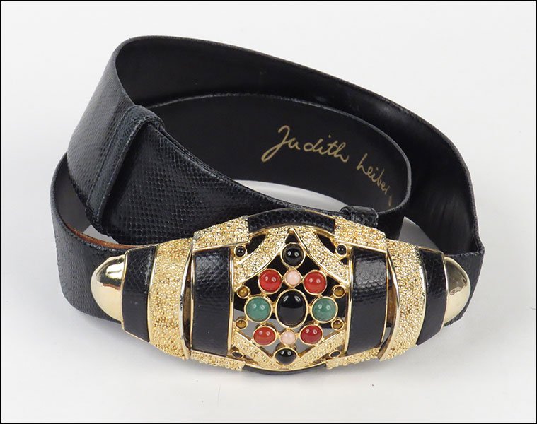 A JUDITH LEIBER BLACK LIZARD SKIN BELT.: A JUDITH LEIBER BLACK LIZARD SKIN BELT. With beaded closure L: 37''