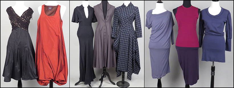 A GROUP OF EIGHT DRESSES.: A GROUP OF EIGHT DRESSES. Comprised of a Calvin Klein knit dress, a Miguel Androver long sleeve checker print dress, an Adrianna Papell lace overlay gown (size 4), a Morgane Le Fay wool button front d