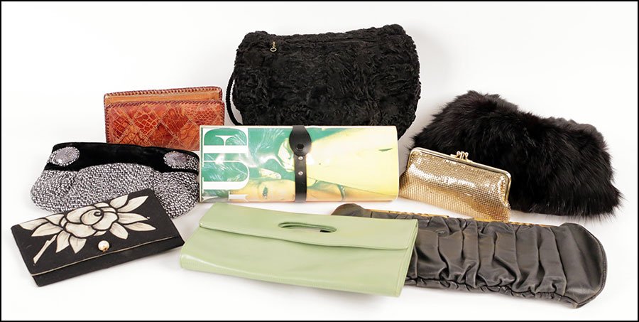A GROUP OF SEVEN CLUTCHES.: A GROUP OF SEVEN CLUTCHES. Including one goldtone mesh, with others. Together with two black muffs, one Persian Lamb