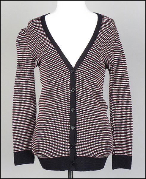 A MISSONI WOOL BLEND KNIT CARDIGAN.: A MISSONI WOOL BLEND KNIT CARDIGAN. Contemporary. Black, pink, and white print Size US 4