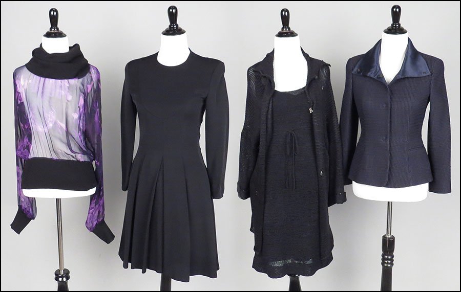 AN ARMANI COLLEZIONI TWO-PIECE ENSEMBLE.: AN ARMANI COLLEZIONI TWO-PIECE ENSEMBLE. Comprised of a jacket and a skirt (size 4 and size 2). Together with a Giorgio Armani black long sleeve dress with a pleat front (size 4), a Laundry by Shelli 
