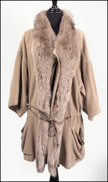 A CRIMSON PIANURA CAMEL WOOL AND CASHMERE BLEND JACKET.: A CRIMSON PIANURA CAMEL WOOL AND CASHMERE BLEND JACKET. With a removable fox fur stole Size 44
