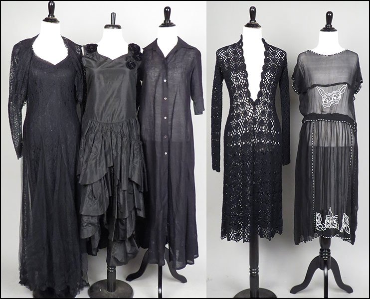 A GROUP OF FIVE BLACK DRESSES.: A GROUP OF FIVE BLACK DRESSES. Comprised of one lace with a lace wrap, one beaded chiffon, one silk blend, one Lawrence Steele long-sleeve linen (size 36), and one crochet overlay Sizes vary; listed i