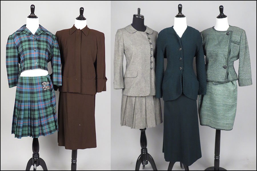 A GROUP OF FIVE TWO-PIECE ENSEMBLES.: A GROUP OF FIVE TWO-PIECE ENSEMBLES. All comprised of a jacket and a skirt. One labeled Siri San Francisco Milano (size 6), one labeled Donna Karan New York (black label), the other three are unlabele